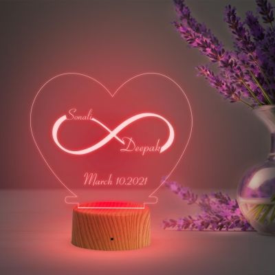 Infinity Heart Shape Night Lamp with Multicolored Light Customized Name & Date Gift for Wife Husband Girlfriend Gift for Couple Anniversary, Wedding,