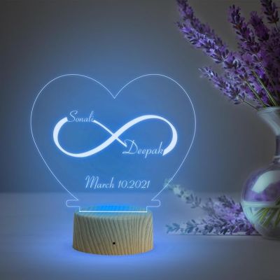 Infinity Heart Shape Night Lamp with Multicolored Light Customized Name & Date Gift for Wife Husband Girlfriend Gift for Couple Anniversary, Wedding,