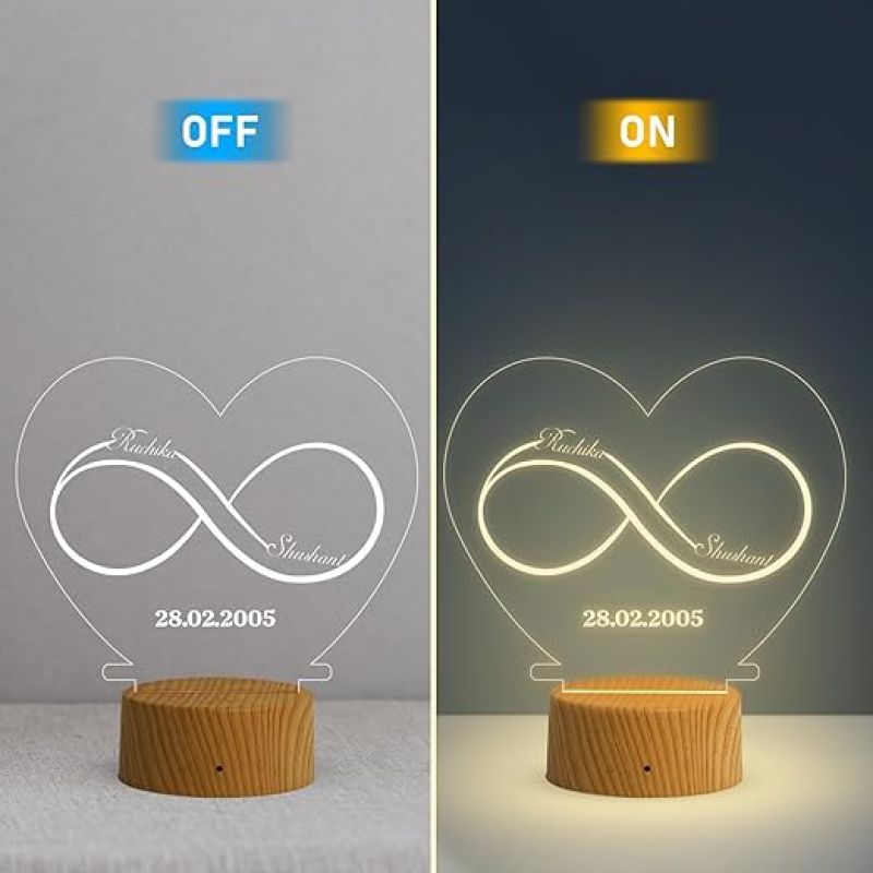 Infinity Heart Shape Night Lamp with Warm White Light Customized Name & Date Gift for Wife Husband Girlfriend Gift for Couple Anniversary, Wedding