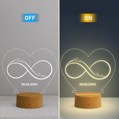 Infinity Heart Shape Night Lamp with Warm White Light Customized Name & Date Gift for Wife Husband Girlfriend Gift for Couple Anniversary, Wedding