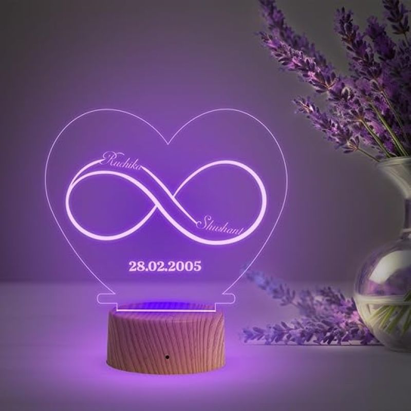 Infinity Heart Shape Night Lamp with Multicolored Light Customized Name & Date Gift for Wife Husband Girlfriend Gift for Couple Anniversary, Wedding