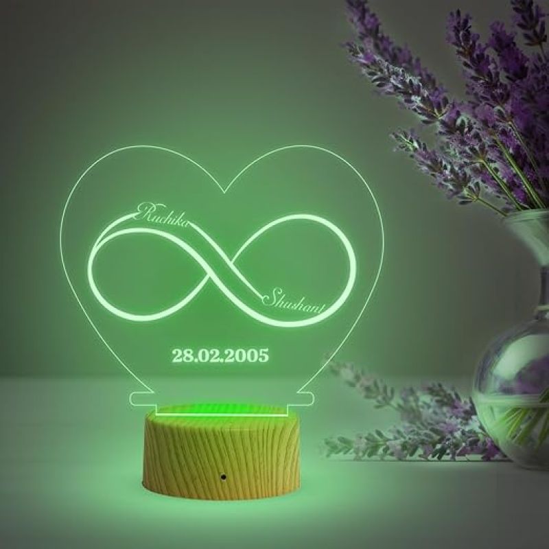 Infinity Heart Shape Night Lamp with Multicolored Light Customized Name & Date Gift for Wife Husband Girlfriend Gift for Couple Anniversary, Wedding