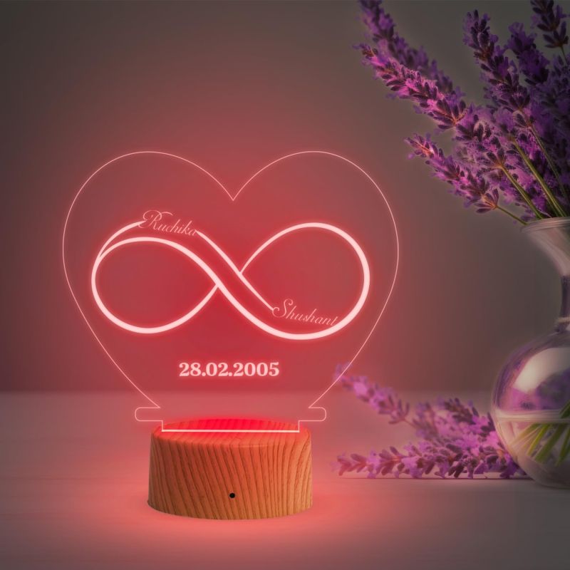 Infinity Heart Shape Night Lamp with Multicolored Light Customized Name & Date Gift for Wife Husband Girlfriend Gift for Couple Anniversary, Wedding