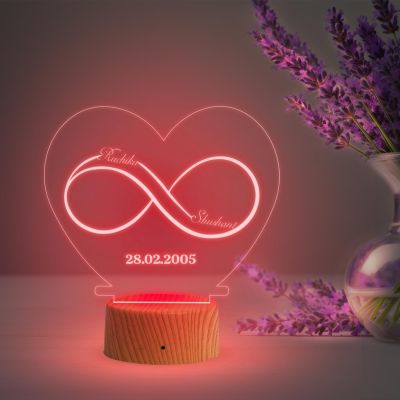 Infinity Heart Shape Night Lamp with Multicolored Light Customized Name & Date Gift for Wife Husband Girlfriend Gift for Couple Anniversary, Wedding