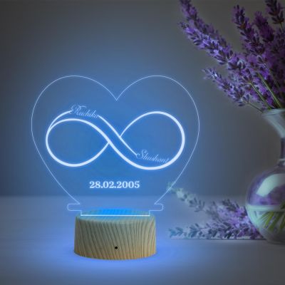 Infinity Heart Shape Night Lamp with Multicolored Light Customized Name & Date Gift for Wife Husband Girlfriend Gift for Couple Anniversary, Wedding
