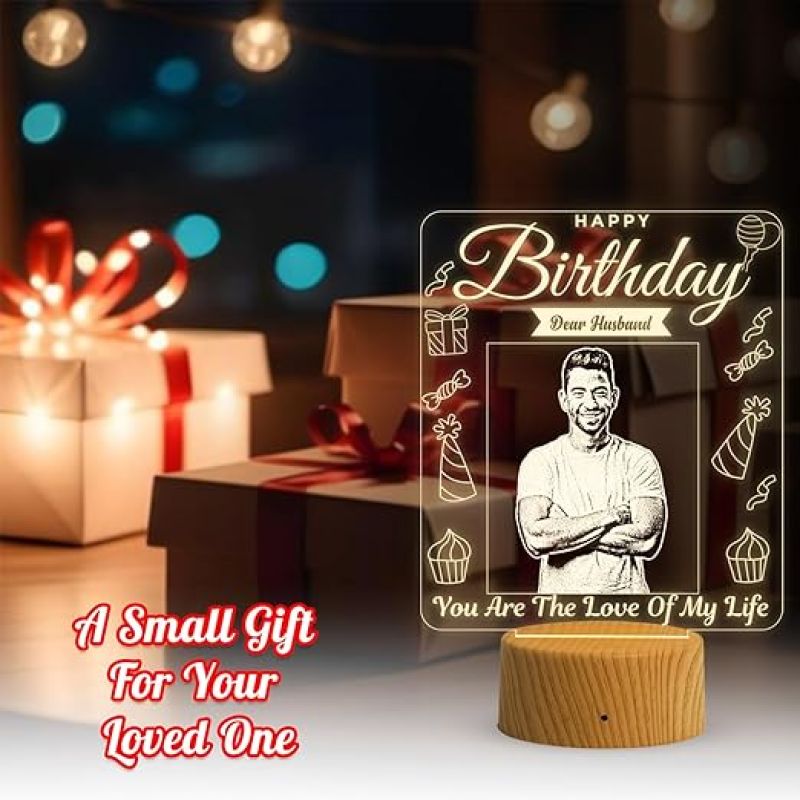 Dear Husband Happy Birthday Night Lamp with Warm White Light Customized Photo Birthday Gift for Husband