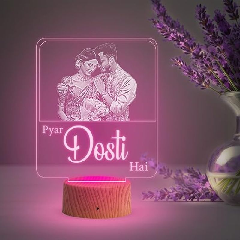 Couple Photo Night Lamp with Multicolored Light Customized Photo & Pyar Dosti Hai Frane Gift for Wife & Husband, Gift for Birthday, Wedding, Anniversary, Engagement