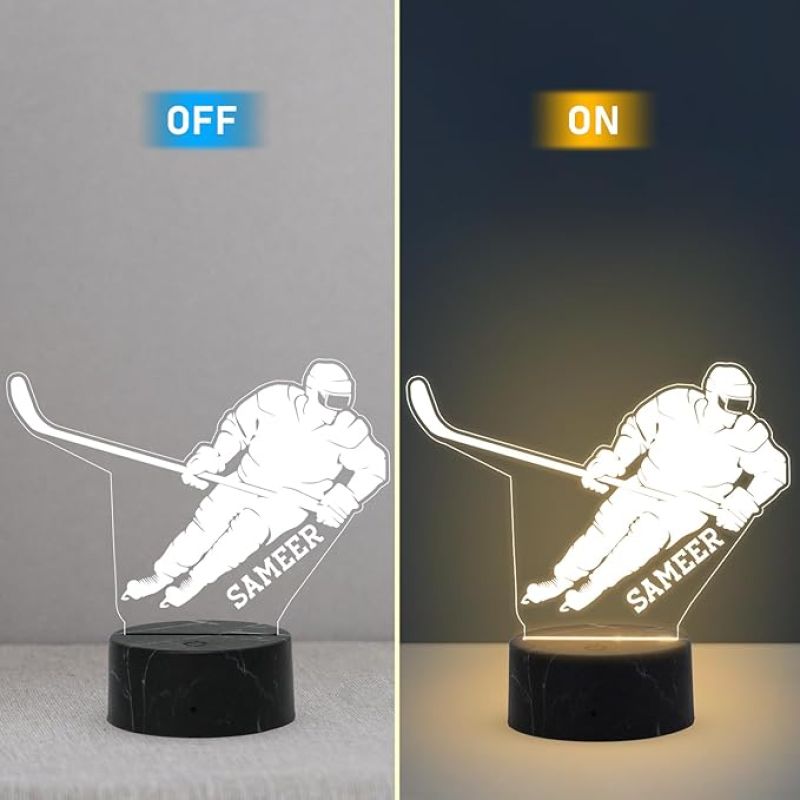 3D Illusion Hockey Night Lamp with Warm White Light Customized with Name Gift for Hockey Player, Sports Lover & Home Decoration