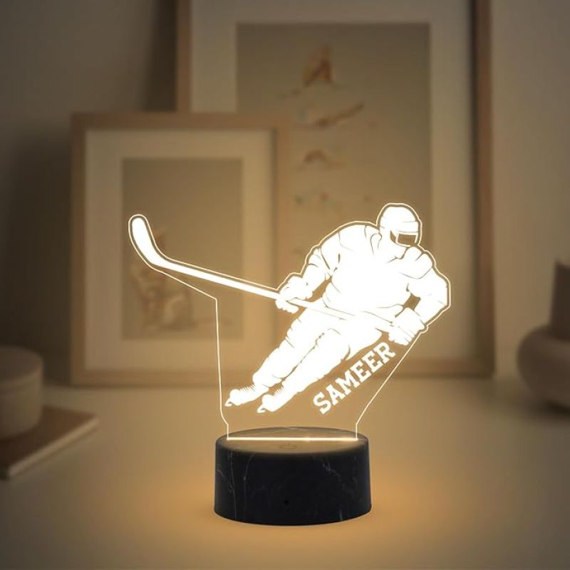 3D Illusion Hockey Night Lamp with Warm White Light Customized with Name Gift for Hockey Player, Sports Lover & Home Decoration