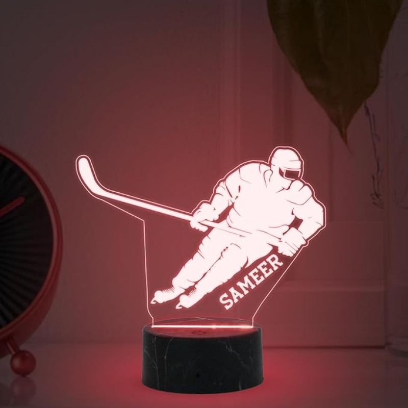 3D Illusion Hockey Night Lamp with Automatic Color Changing Light Customized with Name Gift for Hockey Player, Sports Lover & Home Decoration