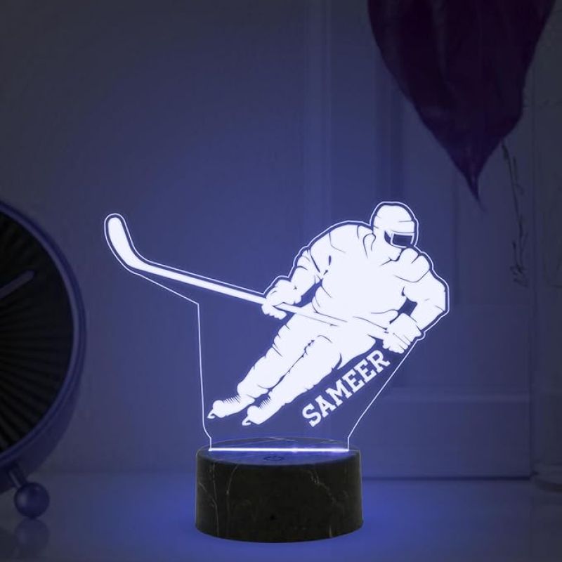 3D Illusion Hockey Night Lamp with Automatic Color Changing Light Customized with Name Gift for Hockey Player, Sports Lover & Home Decoration