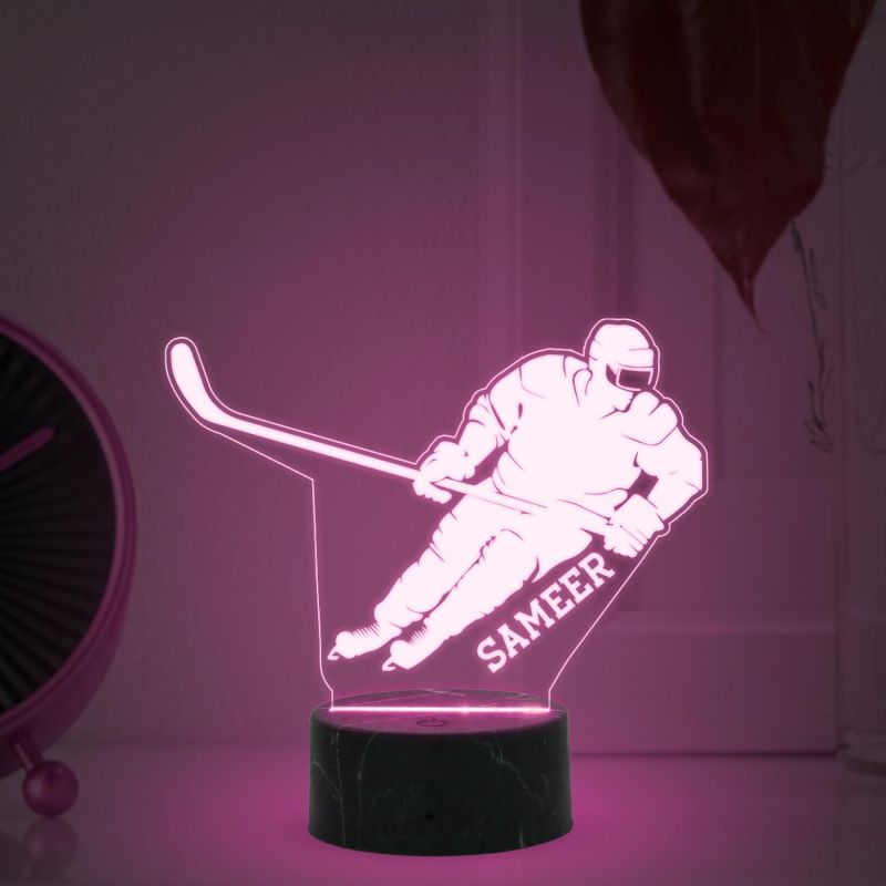 3D Illusion Hockey Night Lamp with Automatic Color Changing Light Customized with Name Gift for Hockey Player, Sports Lover & Home Decoration