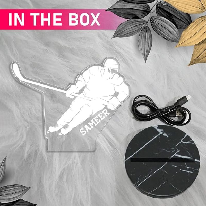 3D Illusion Hockey Night Lamp with Automatic Color Changing Light Customized with Name Gift for Hockey Player, Sports Lover & Home Decoration