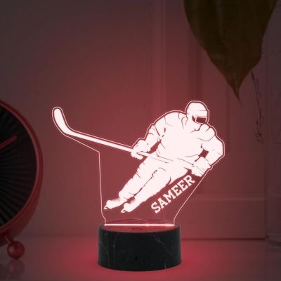 3D Illusion Hockey Night Lamp with Automatic Color Changing Light Customized with Name Gift for Hockey Player, Sports Lover & Home Decoration