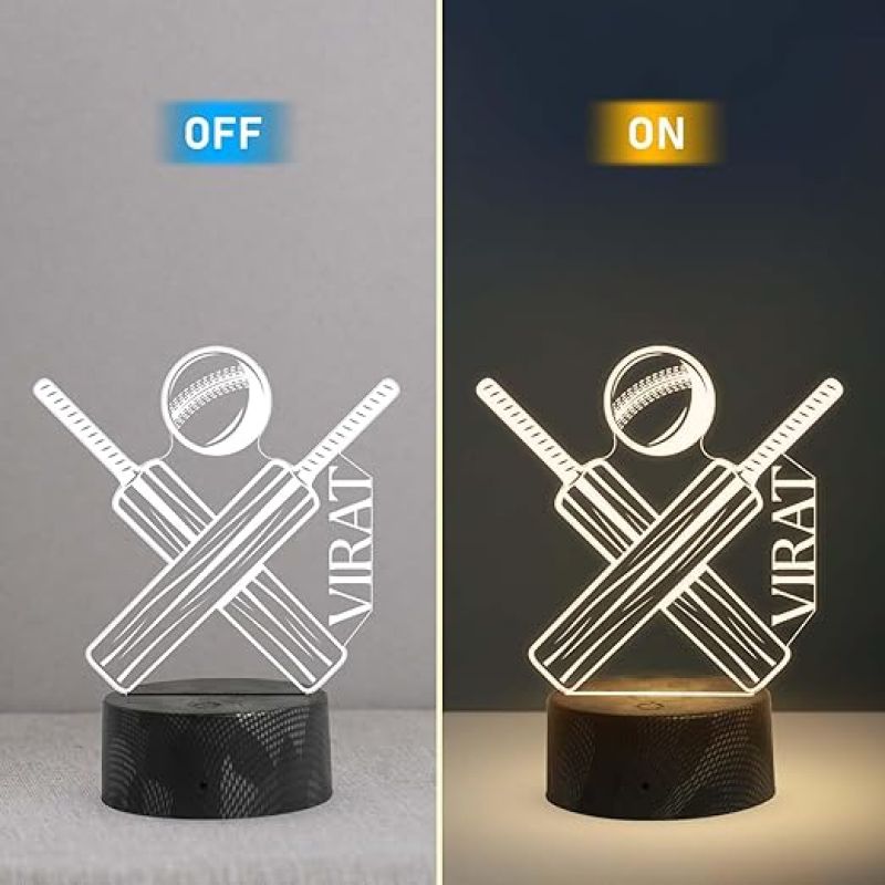 Cricket Bat Ball Night Lamp with Warm White Light Customized with Name Gift for Cricket Lover & Sports Fane
