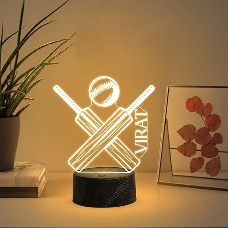 Cricket Bat Ball Night Lamp with Warm White Light Customized with Name Gift for Cricket Lover & Sports Fane