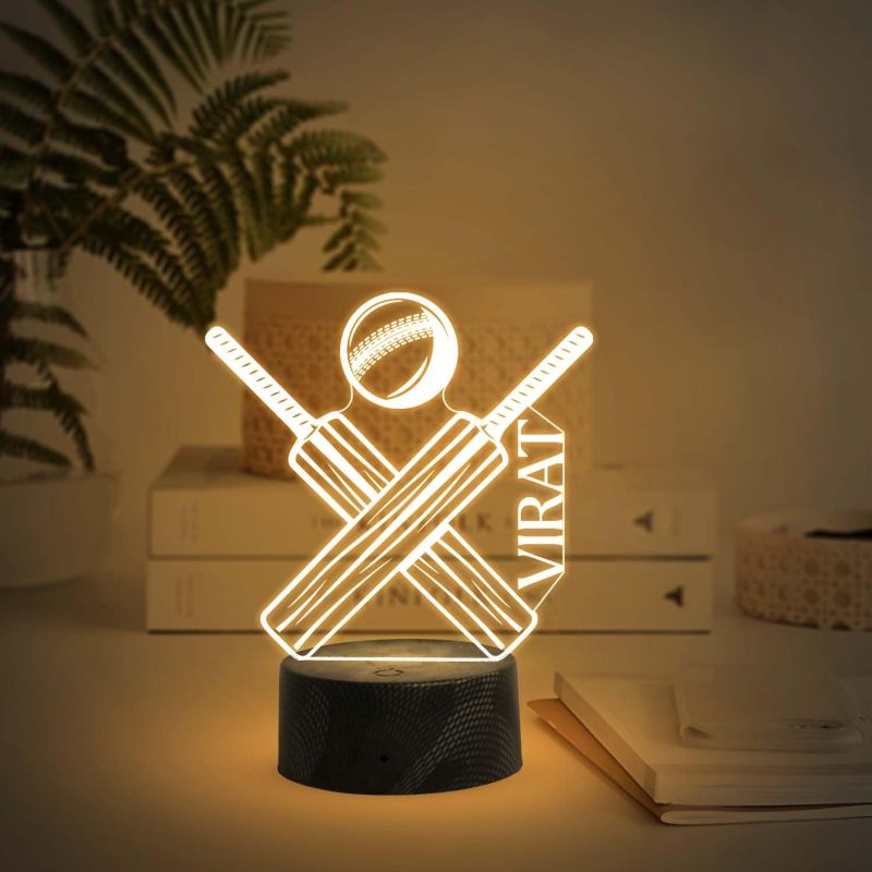 Cricket Bat Ball Night Lamp with Warm White Light Customized with Name Gift for Cricket Lover & Sports Fane