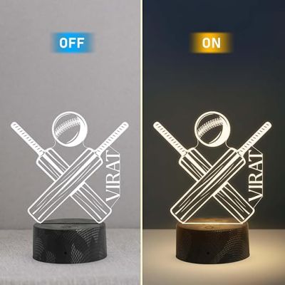 Cricket Bat Ball Night Lamp with Warm White Light Customized with Name Gift for Cricket Lover & Sports Fane