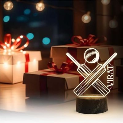 Cricket Bat Ball Night Lamp with Warm White Light Customized with Name Gift for Cricket Lover & Sports Fane