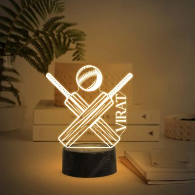 Cricket Bat Ball Night Lamp with Warm White Light Customized with Name Gift for Cricket Lover & Sports Fane