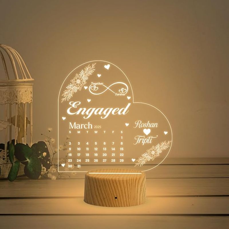 Engaged Couple Night Lamp with Warm White Light Customized Name & Date Gift for Friend, Brother, Sister, Jiju Engagement Gift for fiancée