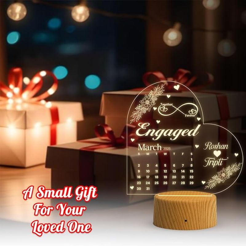 Engaged Couple Night Lamp with Warm White Light Customized Name & Date Gift for Friend, Brother, Sister, Jiju Engagement Gift for fiancée