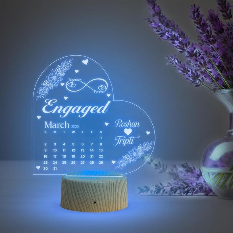 Engaged Couple Night Lamp with Automatic Color Changing Light Customized Name & Date Gift for Friend, Brother, Sister, Jiju Engagement Gift for fiancée