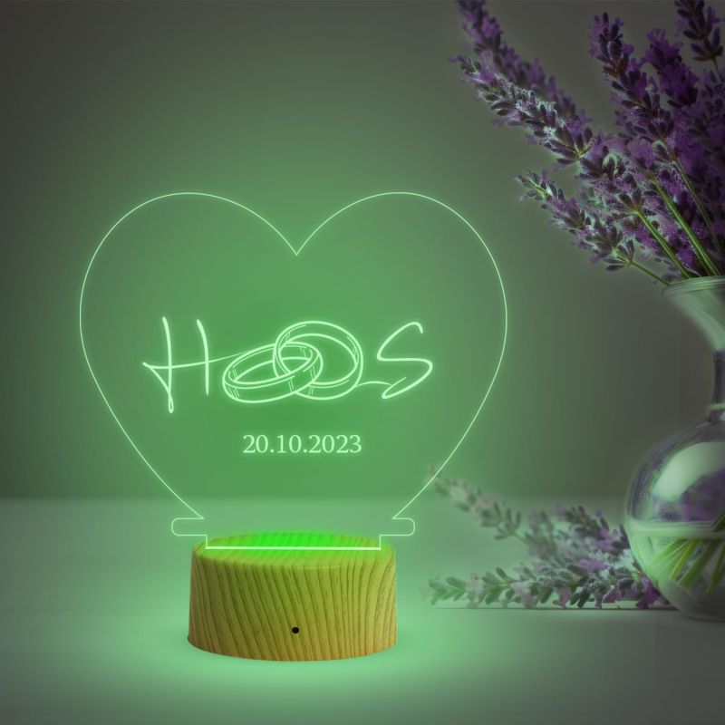 Heart with Ring Design Night Lamp with Multicolored Light Customized Alphabet Letter & Date Engagement Gift for Couples Gift for Anniversary Birthday