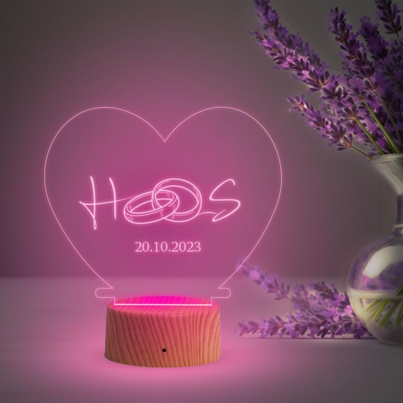 Heart with Ring Design Night Lamp with Multicolored Light Customized Alphabet Letter & Date Engagement Gift for Couples Gift for Anniversary Birthday