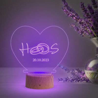 Heart with Ring Design Night Lamp with Multicolored Light Customized Alphabet Letter & Date Engagement Gift for Couples Gift for Anniversary Birthday