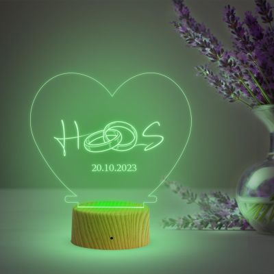 Heart with Ring Design Night Lamp with Multicolored Light Customized Alphabet Letter & Date Engagement Gift for Couples Gift for Anniversary Birthday
