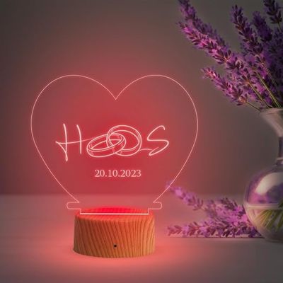 Heart with Ring Design Night Lamp with Multicolored Light Customized Alphabet Letter & Date Engagement Gift for Couples Gift for Anniversary Birthday