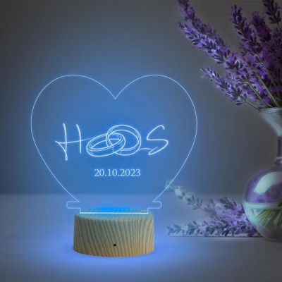 Heart with Ring Design Night Lamp with Multicolored Light Customized Alphabet Letter & Date Engagement Gift for Couples Gift for Anniversary Birthday