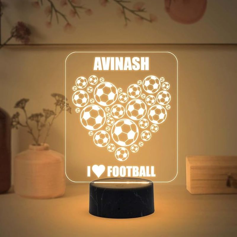 3D Illusion Football Heart Design Night Lamp with Warm White Light Customized your Name Birthday Gift for Football Lover Kids Room & Home Decor
