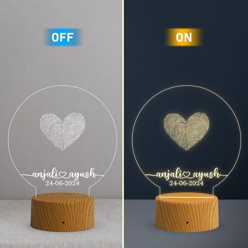Personalized Couple Fingerprint Round Shape Night Lamp with Warm White Light Customized Name & Date Gift for Anniversary, Birthday, Wedding, Engagement & Newly Married Couple