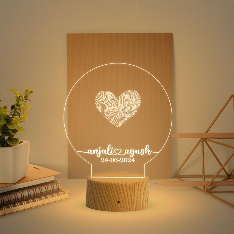 Personalized Couple Fingerprint Round Shape Night Lamp with Warm White Light Customized Name & Date Gift for Anniversary, Birthday, Wedding, Engagement & Newly Married Couple
