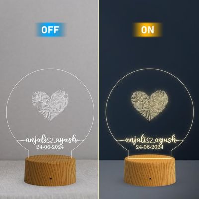 Personalized Couple Fingerprint Round Shape Night Lamp with Warm White Light Customized Name & Date Gift for Anniversary, Birthday, Wedding, Engagement & Newly Married Couple