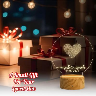 Personalized Couple Fingerprint Round Shape Night Lamp with Warm White Light Customized Name & Date Gift for Anniversary, Birthday, Wedding, Engagement & Newly Married Couple