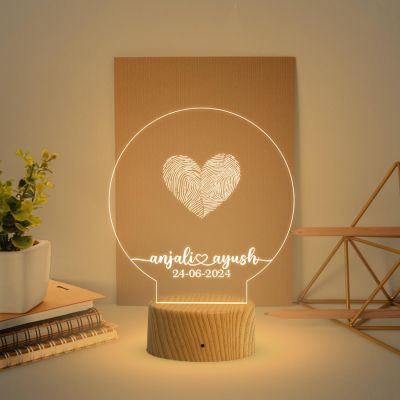 Personalized Couple Fingerprint Round Shape Night Lamp with Warm White Light Customized Name & Date Gift for Anniversary, Birthday, Wedding, Engagement & Newly Married Couple