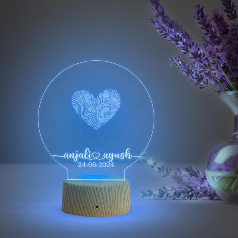Personalized Couple Fingerprint Round Shape Night Lamp with Multicolored Light Customized Name & Date Gift for Anniversary, Birthday, Wedding, Engagement & Newly Married Couple