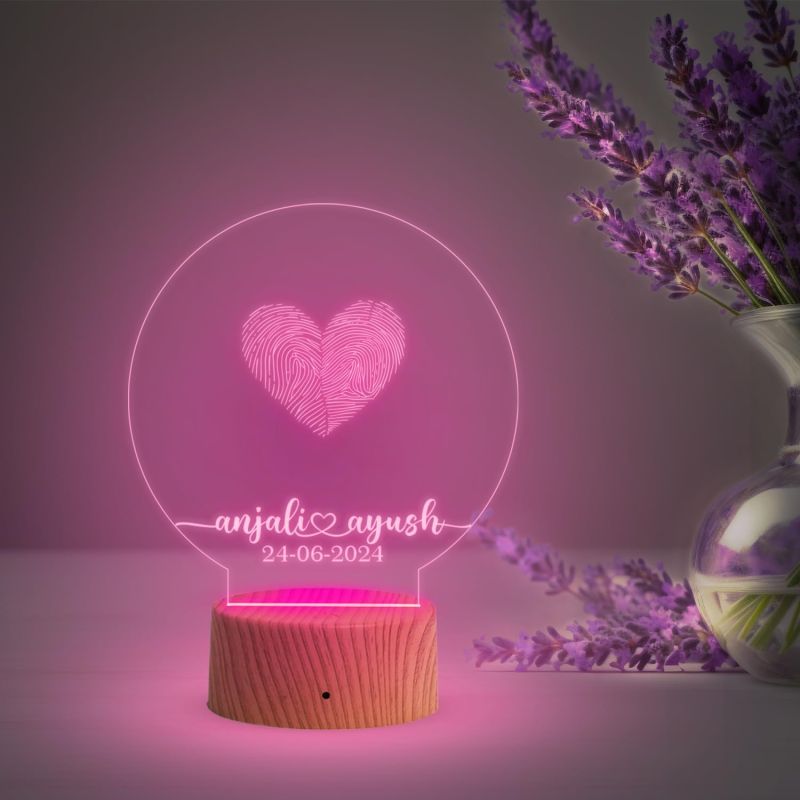 Personalized Couple Fingerprint Round Shape Night Lamp with Multicolored Light Customized Name & Date Gift for Anniversary, Birthday, Wedding, Engagement & Newly Married Couple