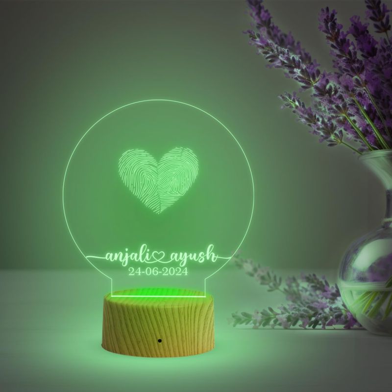 Personalized Couple Fingerprint Round Shape Night Lamp with Multicolored Light Customized Name & Date Gift for Anniversary, Birthday, Wedding, Engagement & Newly Married Couple