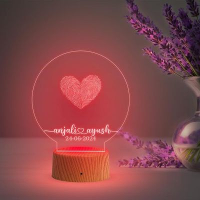 Personalized Couple Fingerprint Round Shape Night Lamp with Multicolored Light Customized Name & Date Gift for Anniversary, Birthday, Wedding, Engagement & Newly Married Couple