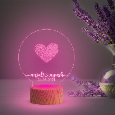 Personalized Couple Fingerprint Round Shape Night Lamp with Multicolored Light Customized Name & Date Gift for Anniversary, Birthday, Wedding, Engagement & Newly Married Couple