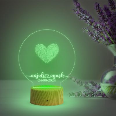 Personalized Couple Fingerprint Round Shape Night Lamp with Multicolored Light Customized Name & Date Gift for Anniversary, Birthday, Wedding, Engagement & Newly Married Couple