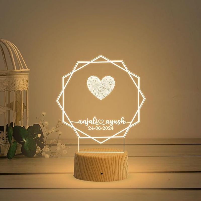 Personalized Hexagon Shape Couple Fingerprint Night Lamp with Warm White Light Customized Name & Date Gift for Anniversary, Birthday, Wedding, Engagement & Newly Married Couple