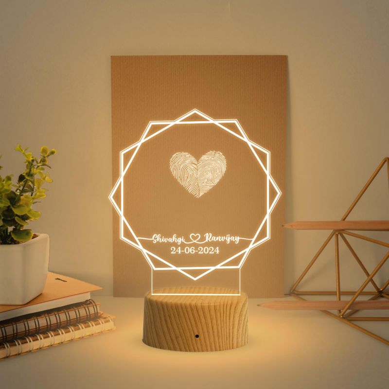 Personalized Hexagon Shape Couple Fingerprint Night Lamp with Warm White Light Customized Name & Date Gift for Anniversary, Birthday, Wedding, Engagement & Newly Married Couple