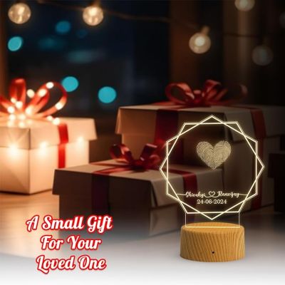 Personalized Hexagon Shape Couple Fingerprint Night Lamp with Warm White Light Customized Name & Date Gift for Anniversary, Birthday, Wedding, Engagement & Newly Married Couple