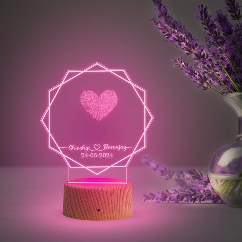 Personalized Hexagon Shape Couple Fingerprint Night Lamp with Multicolored Light Customized Name & Date Gift for Anniversary, Birthday, Wedding, Engagement & Newly Married Couple