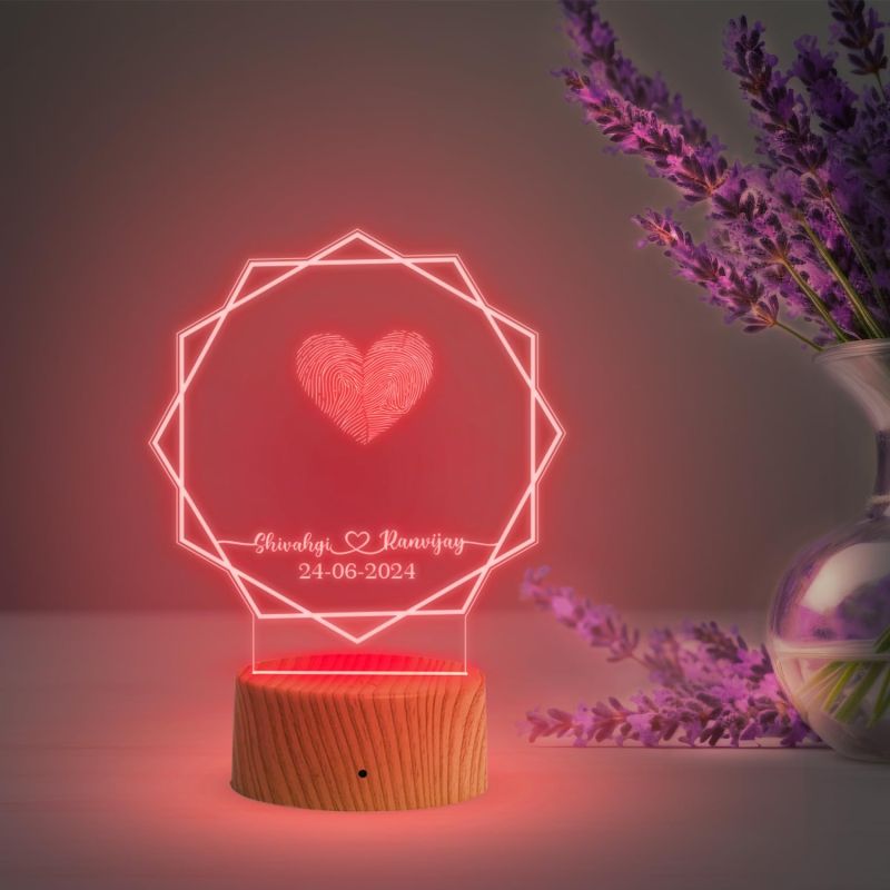 Personalized Hexagon Shape Couple Fingerprint Night Lamp with Multicolored Light Customized Name & Date Gift for Anniversary, Birthday, Wedding, Engagement & Newly Married Couple